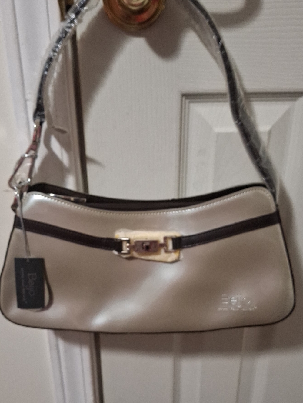Beijo Tan and Dark Brown Baguette Style Bag with Silver Hardware